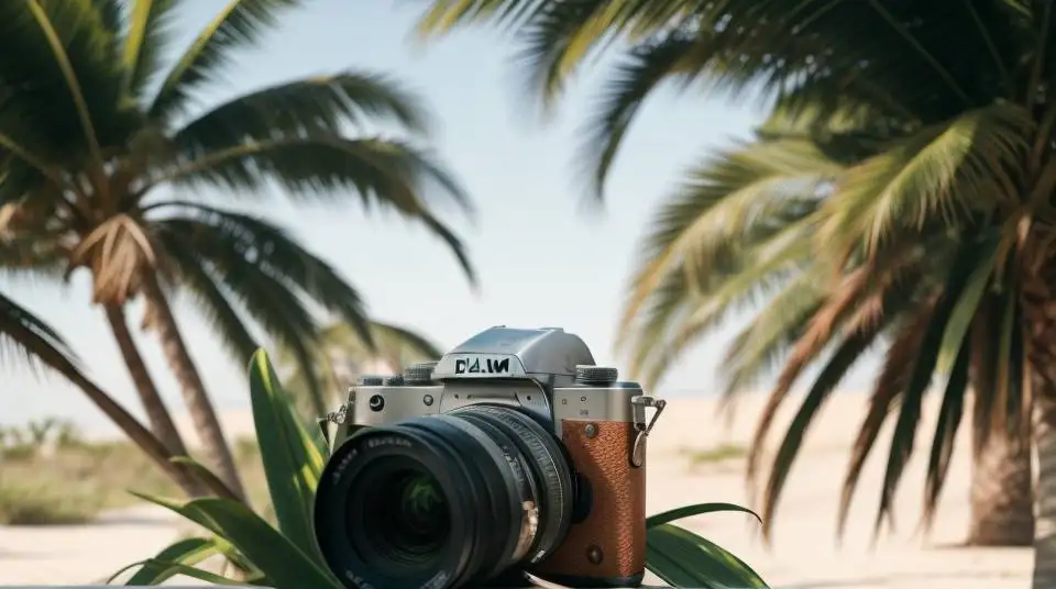 Eine Kamera mit Palmen im Hintergrund