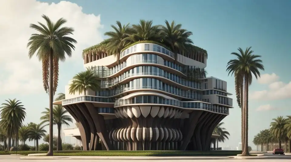 Ein Gebäude mit Palmen, welches aus der Zukunft stammen könnte.