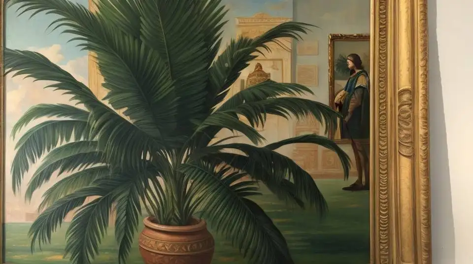 Ein Gemälde, auf diesen ist eine Palme und ein Mensch